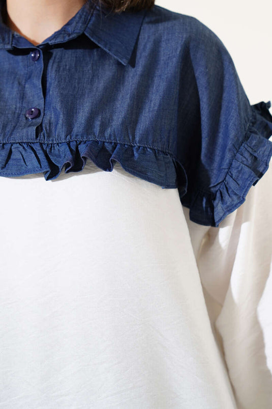 Abito due pezzi con volant e bottoni a metà, bianco