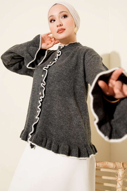 Ruffled Pearl Buttoned Knit Cardigan in Smoke