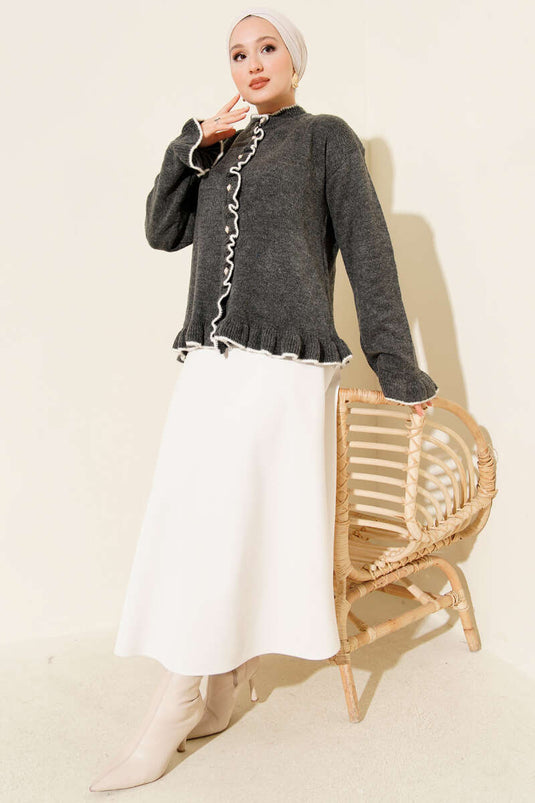 Ruffled Pearl Buttoned Knit Cardigan in Smoke