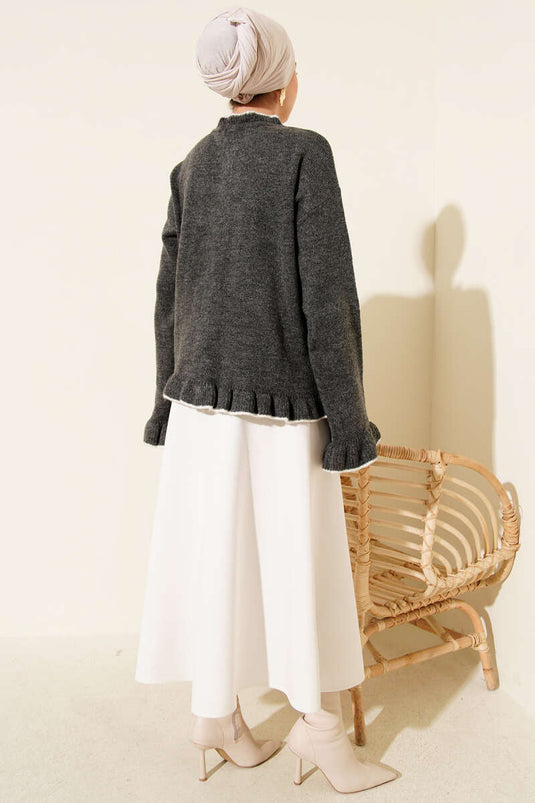 Ruffled Pearl Buttoned Knit Cardigan in Smoke