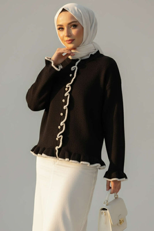 كارديغان محبوك بطيات مزينة باللؤلؤ والأزرار، أسود