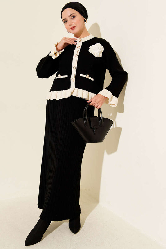 Jupe à volants ornée de perles et ensemble deux pièces en maille, noir