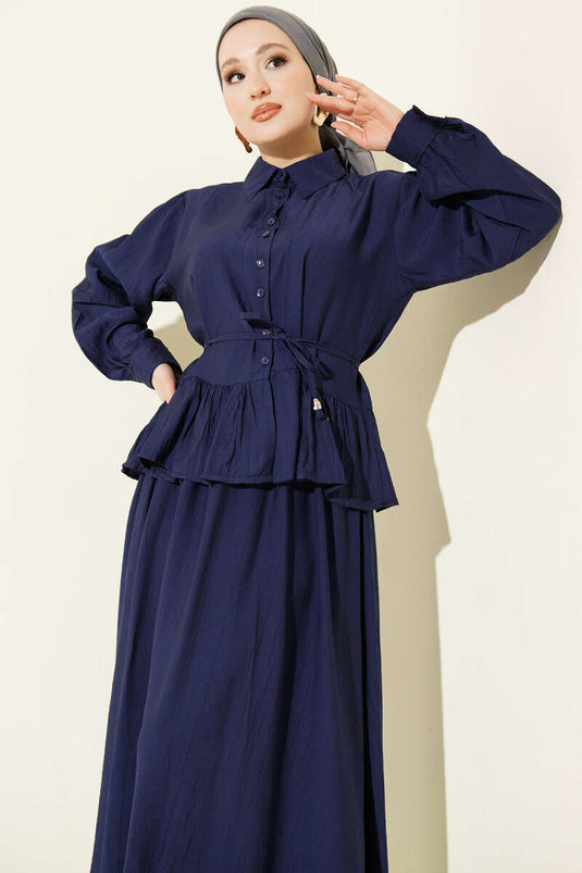 Ruffled Drawstring Skirt Two-Piece Set Navy Blue