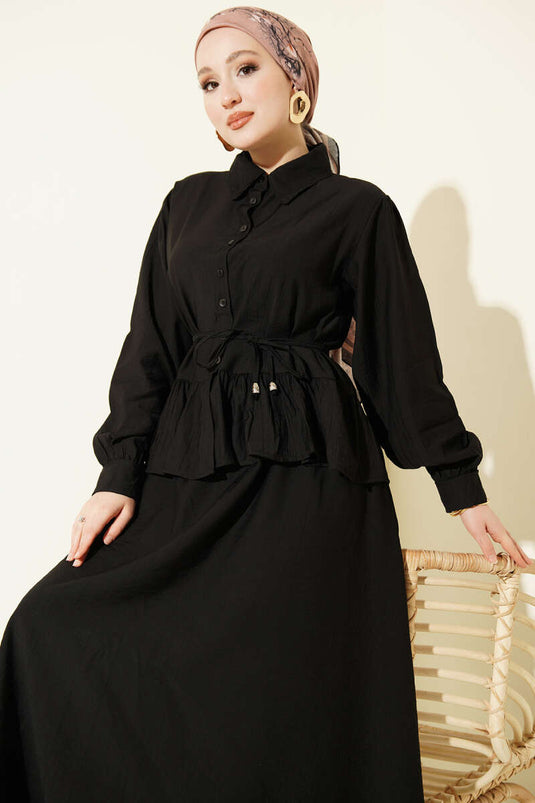 Ruffled Drawstring Skirt Two-Piece Set Black