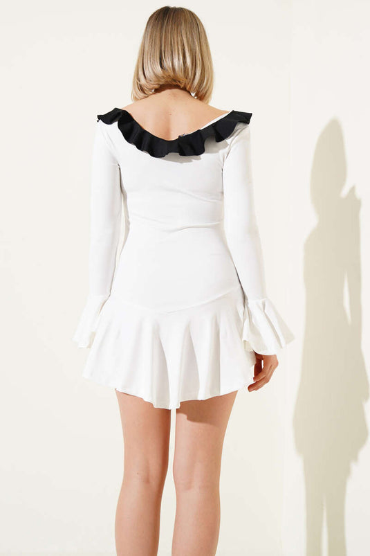 Ruffled Rope Tie Mini Dress in Ecru