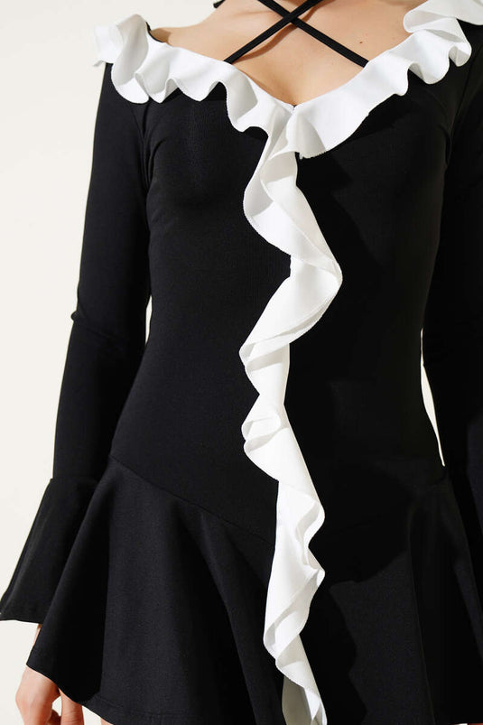 Ruffled Lace-Up Mini Dress Black