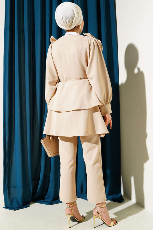 Geplooide touwgordel tuniek tweedelig set beige