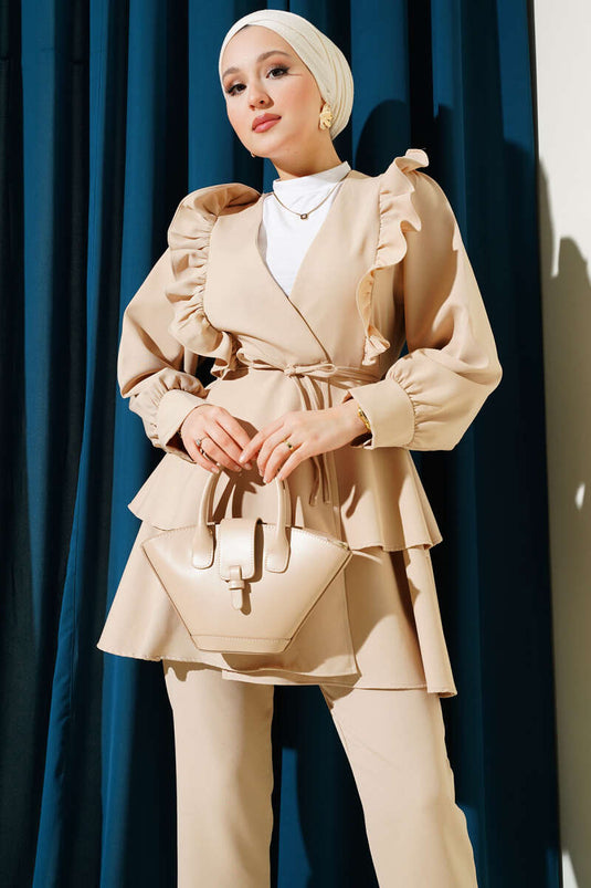 Geplooide touwgordel tuniek tweedelig set beige