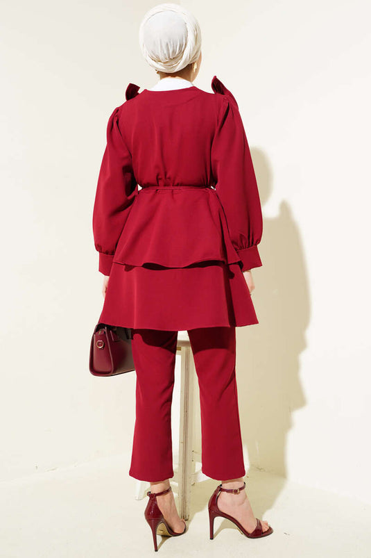 Costume deux pièces tunique à volants et ceinture en corde bordeaux