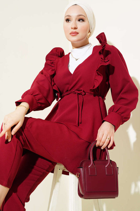 Costume deux pièces tunique à volants et ceinture en corde bordeaux