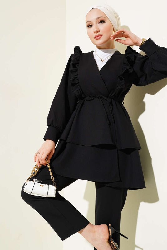 Conjunto de túnica de dos piezas con cinturón y cordón con volantes en negro