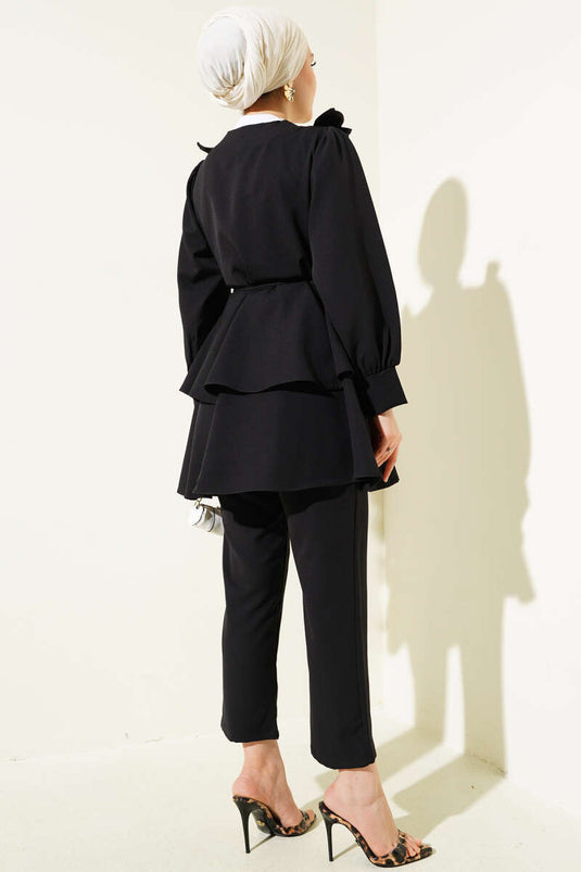 Conjunto de túnica de dos piezas con cinturón y cordón con volantes en negro