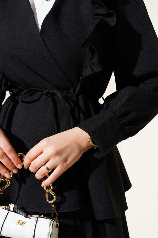 Conjunto de túnica de dos piezas con cinturón y cordón con volantes en negro