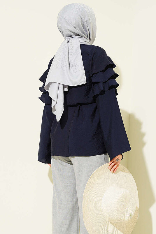 Tunique à ceinture en corde avec volants bleu marine