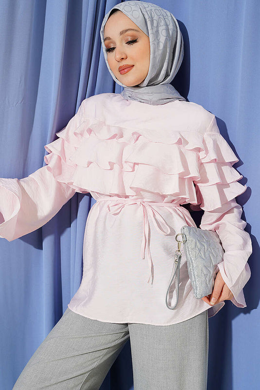 Tunique rose à ceinture cordelette et volants