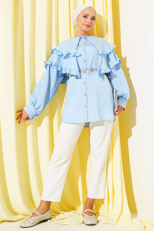 Ruffled Collar Shirt Blue