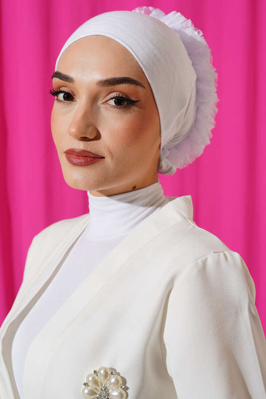 Ruffled Non-Slip Viscose Bonnet White