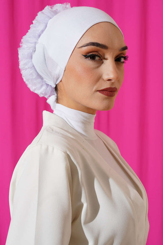 Ruffled Non-Slip Viscose Bonnet White