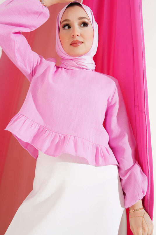 Fırfırlı Keten Bluz Pembe