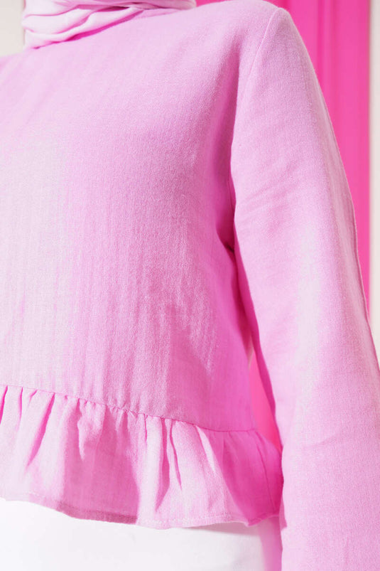 Fırfırlı Keten Bluz Pembe