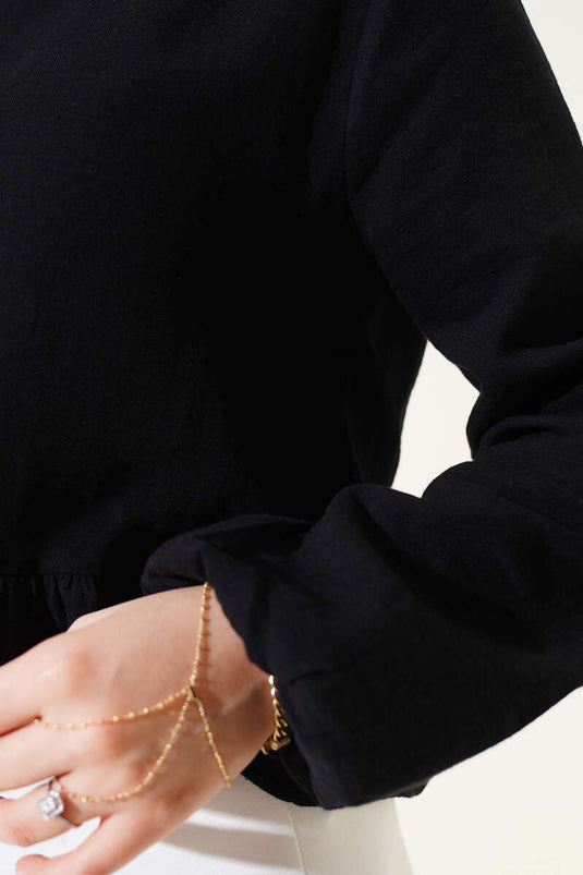 Fırfırlı Keten Bluz Siyah