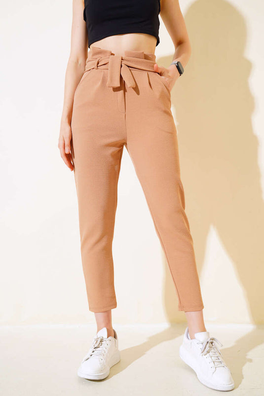 Skinny broek met ruches en riem in camel