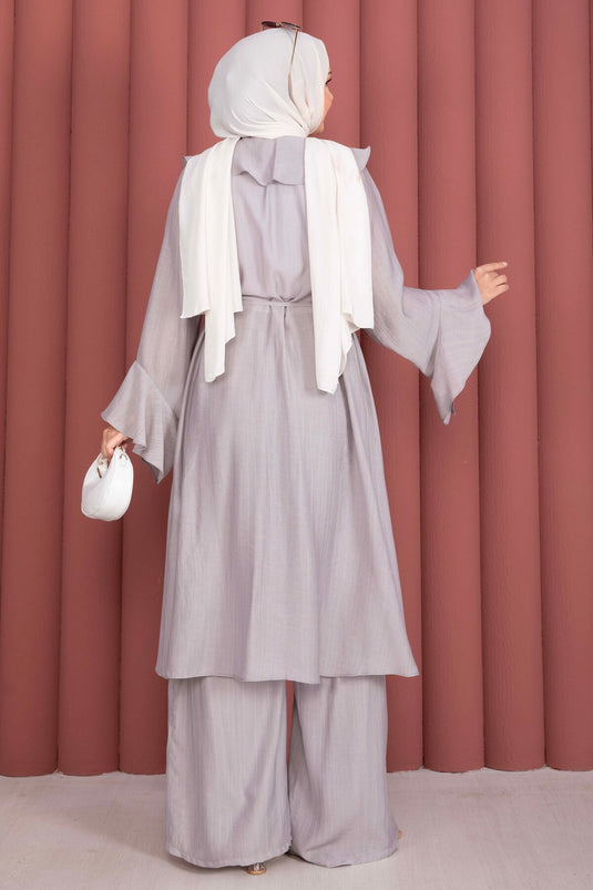 Fırfırlı Kuşaklı Kimono Pantolon Takım Gri