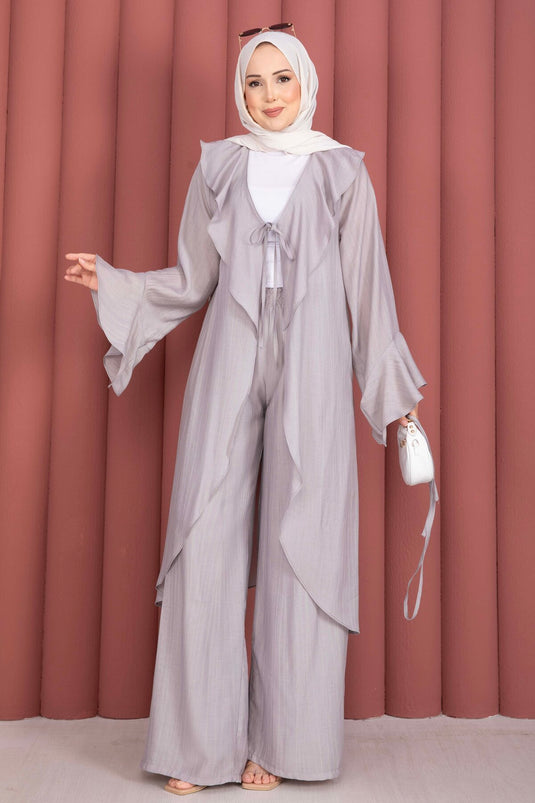 Fırfırlı Kuşaklı Kimono Pantolon Takım Gri