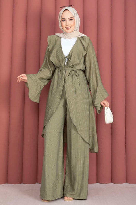 Fırfırlı Kuşaklı Kimono Pantolon Takım Haki
