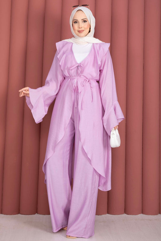 Fırfırlı Kuşaklı Kimono Pantolon Takım Lila