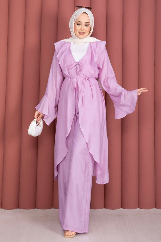 Fırfırlı Kuşaklı Kimono Pantolon Takım Lila