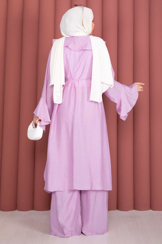 Fırfırlı Kuşaklı Kimono Pantolon Takım Lila