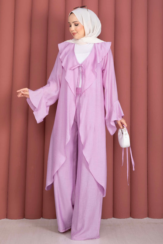 Fırfırlı Kuşaklı Kimono Pantolon Takım Lila