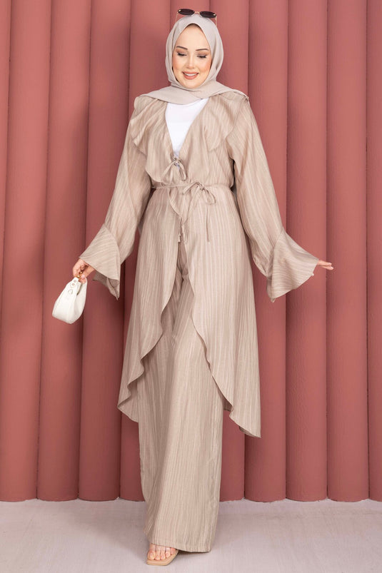 Fırfırlı Kuşaklı Kimono Pantolon Takım Vizon
