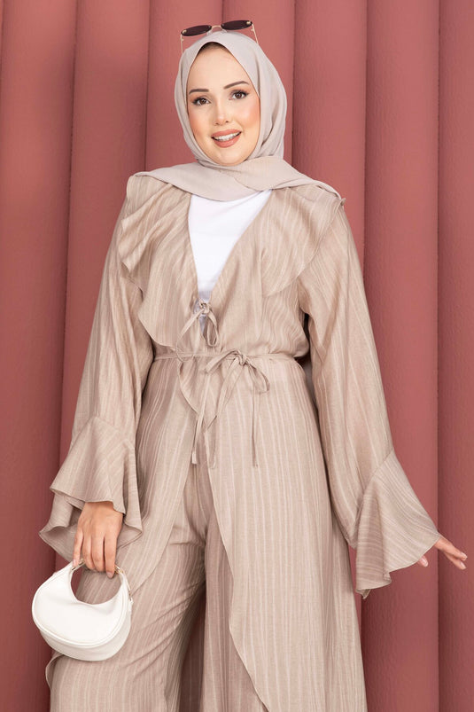 Fırfırlı Kuşaklı Kimono Pantolon Takım Vizon