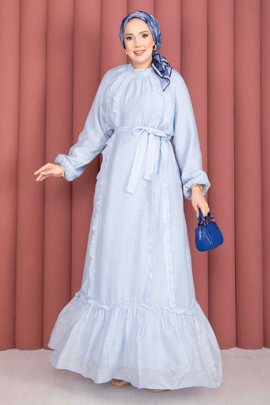 Robe de modest fashion à volants avec ceinture, bleu bébé