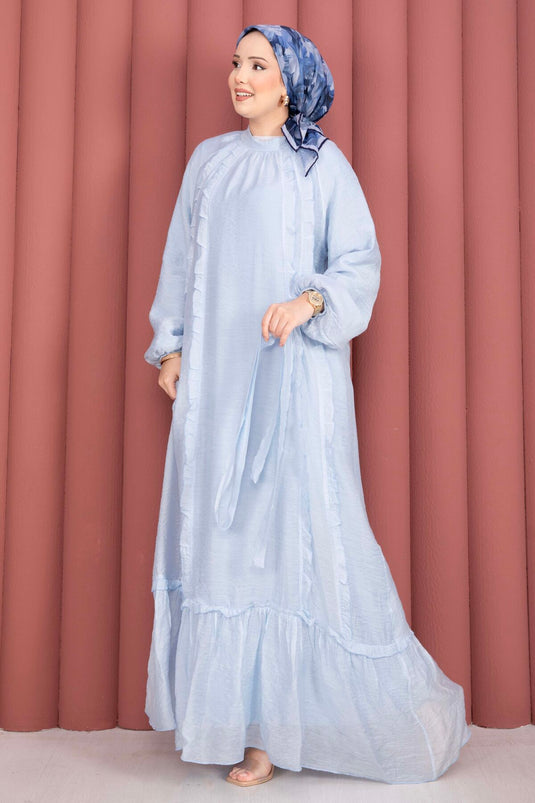 Robe de modest fashion à volants avec ceinture, bleu bébé