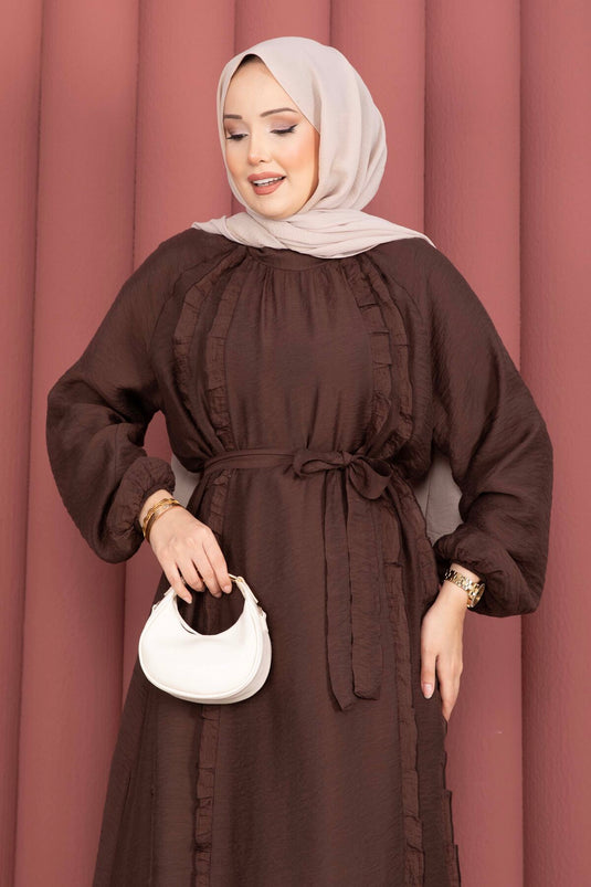 Ruffled Belted Modest Dress Brown