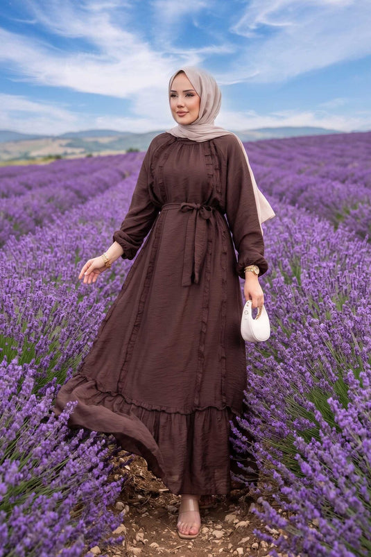 Ruffled Belted Modest Dress Brown