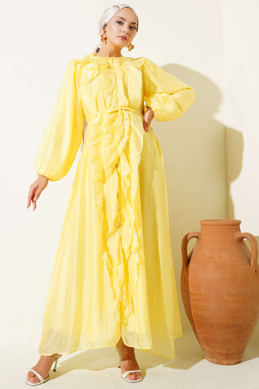 Gelbes Rüschenkleid mit Knopfleiste