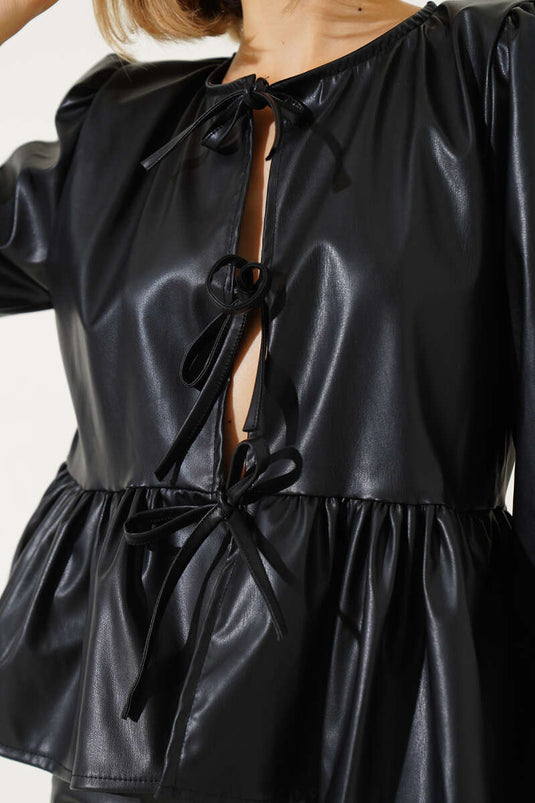 Ruffle Lace-Up Front Leather Blouse Black
