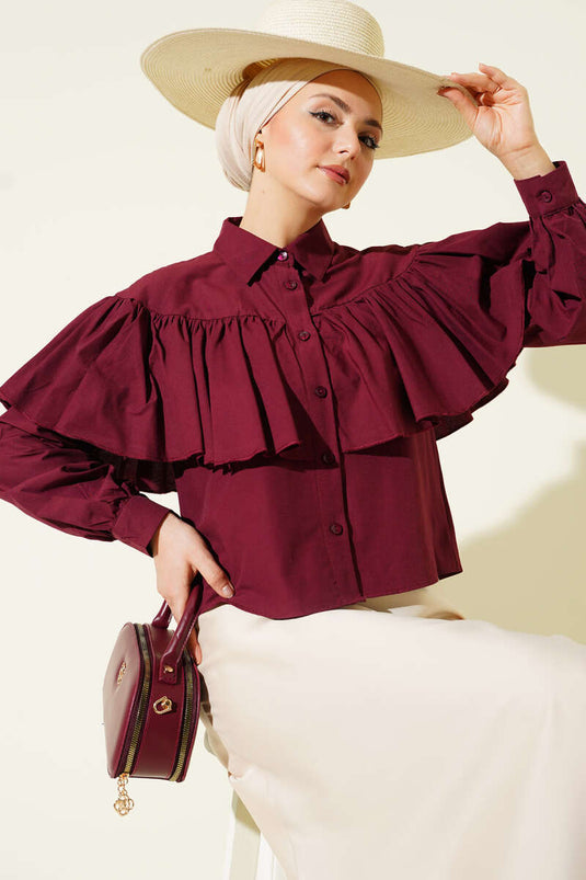 Korte Blouse met Ruches en Cape Details in Bordeaux