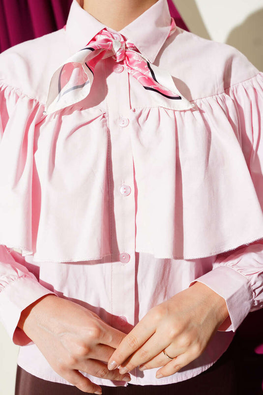 Fırfırlı Pelerin Detaylı Kısa Gömlek Pembe