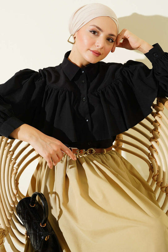 Chemisette courte noire avec cape volantée