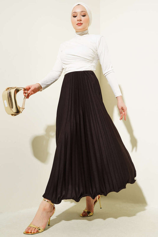 Fırfırlı Pileli Bel Lastikli Etek Acı Kahve