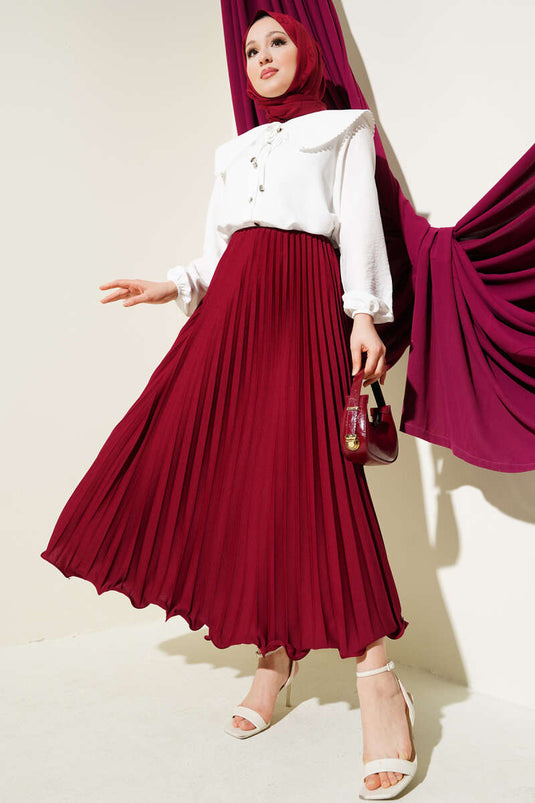 Fırfırlı Pileli Bel Lastikli Etek Bordo