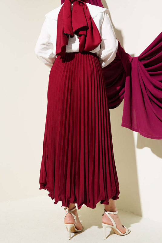 Fırfırlı Pileli Bel Lastikli Etek Bordo