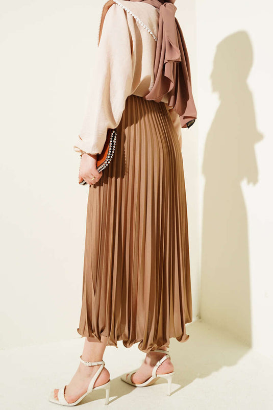 Fırfırlı Pileli Bel Lastikli Etek Büsküvi