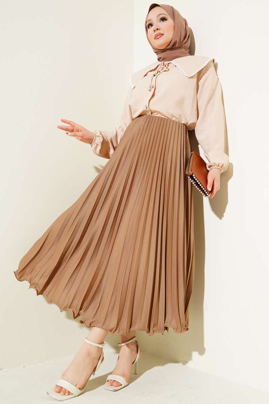 Fırfırlı Pileli Bel Lastikli Etek Büsküvi