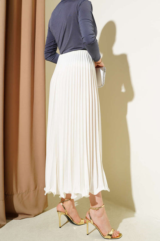 Fırfırlı Pileli Bel Lastikli Etek Ekru